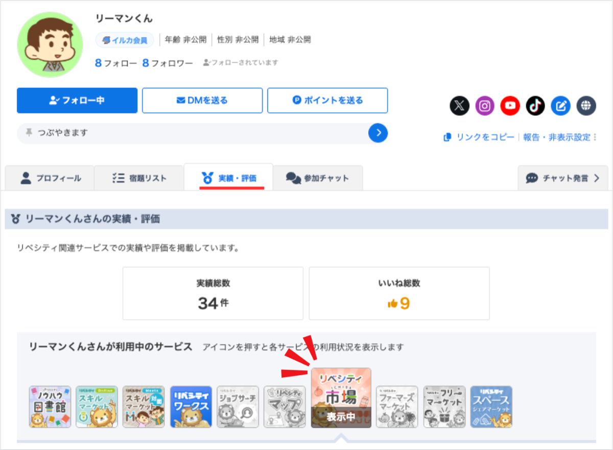 実績・評価欄に追加されたリベシティ市場の表示