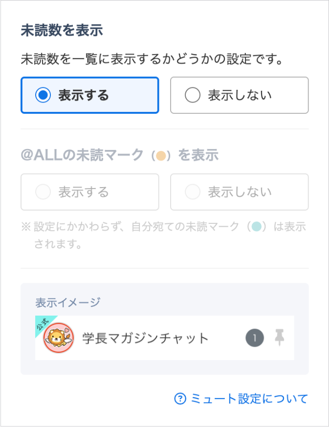 各チャットのミュート設定画面（未読数や@ALLの未読マークの表示を選べる）