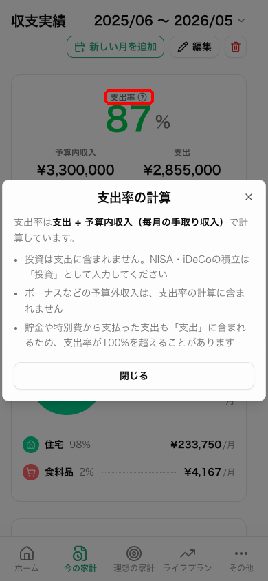 支出率の計算方法を説明するモーダル